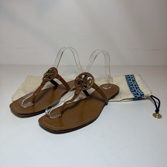 Tory Burch Womens Mini Miller Sandal Sz 8.5 M Vachetta Leather Thong W/ Dust Bag - Picture 1 of 12